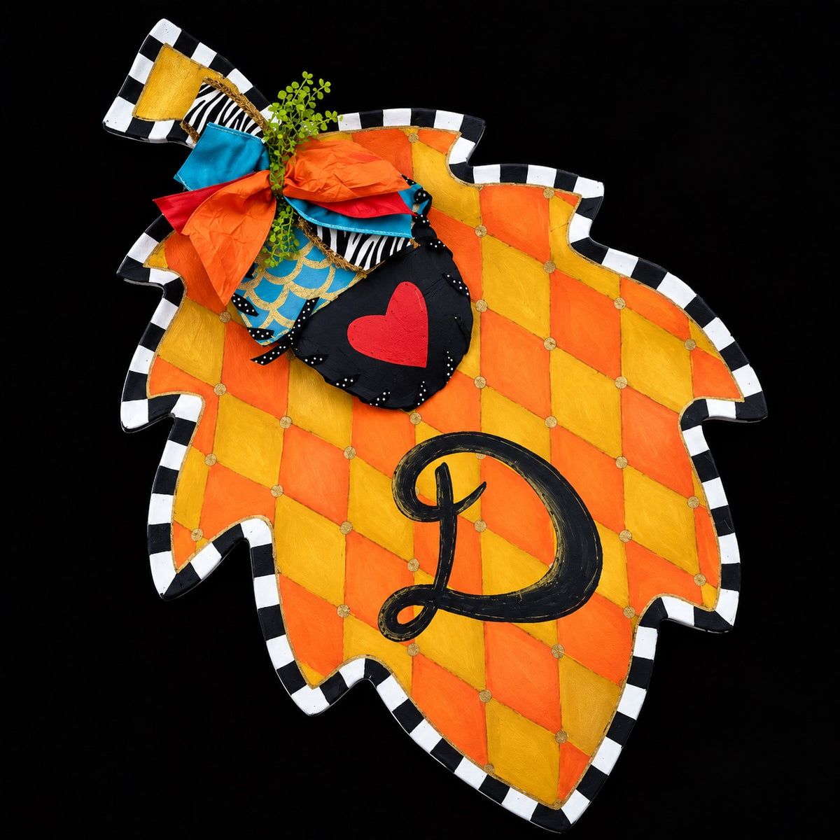 FALL DOOR DECOR / Screen Wire Fall Leaf and Acorn With Orange and Mustard Diamond Print and Custom Monogram Doornament Door Hanger Wreath