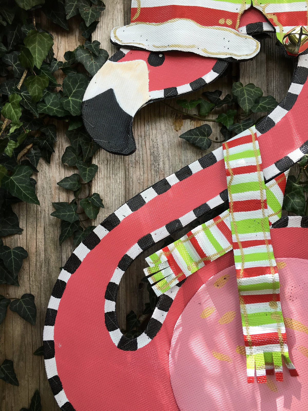 CHRISTMAS DOOR DECOR / Screen Wire Christmas Flamingo Door Hanger Wreath with Red and Green Stripe Hat and Scarf