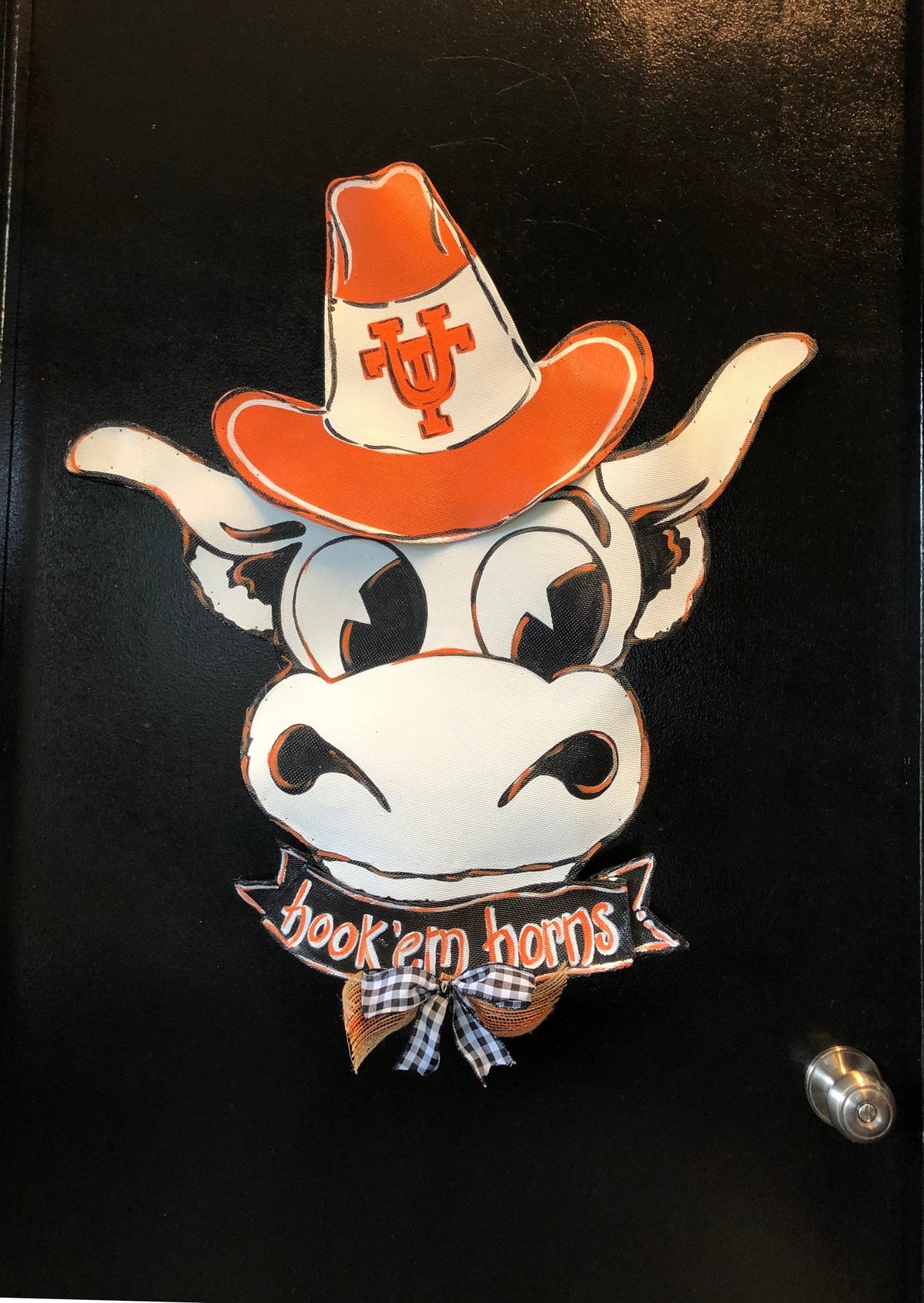 University of Texas Door Decor / Screen Wire University of Texas Bevo Longhorn with Hook 'em Horns Banner and UT Hat Door Hanger Wreath