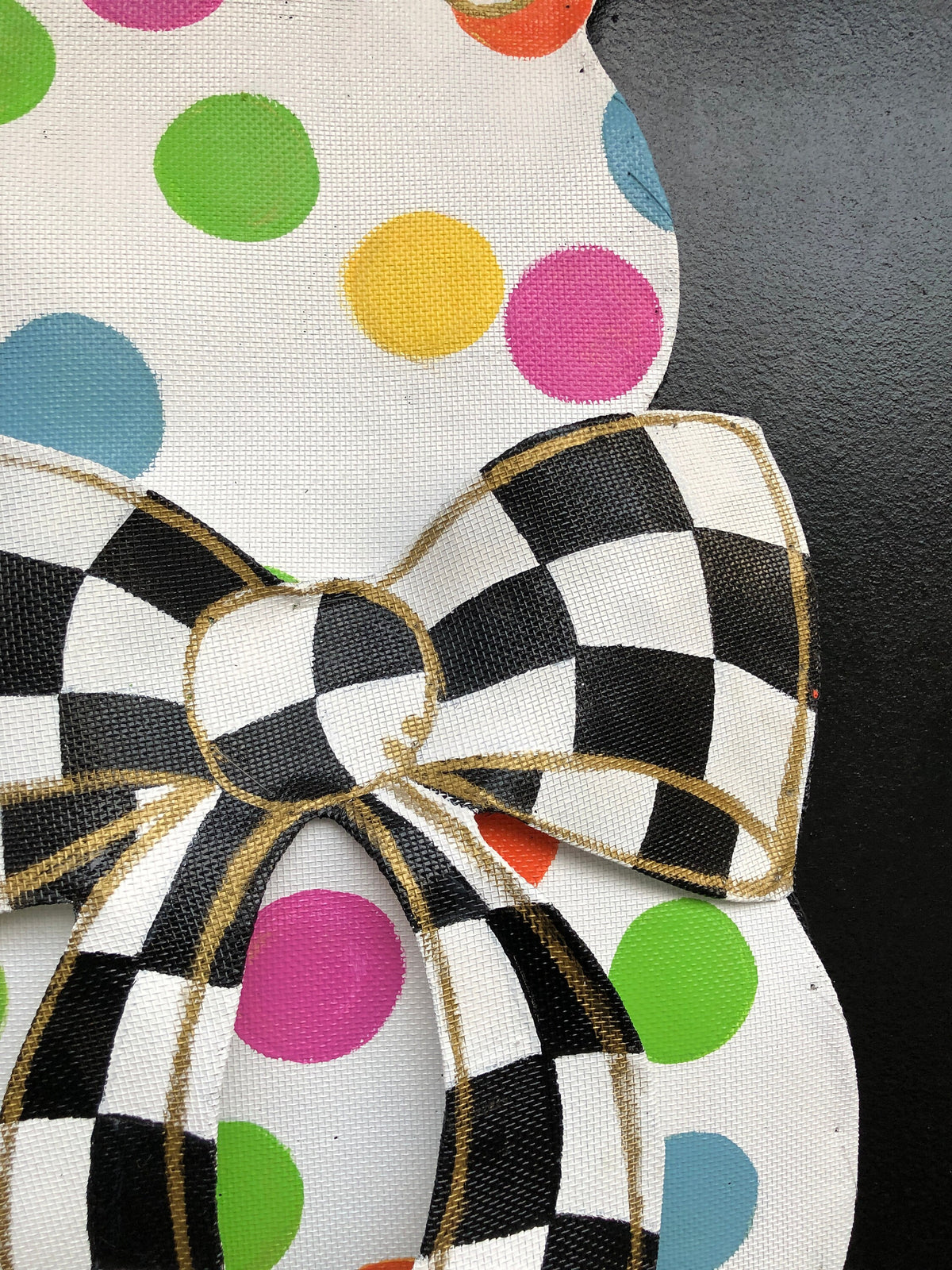 EASTER DOOR HANGER / Bright Big Multi Colored Easter Bunny Rabbit with Black and White Check Bow Door Hanger Wreath Decor