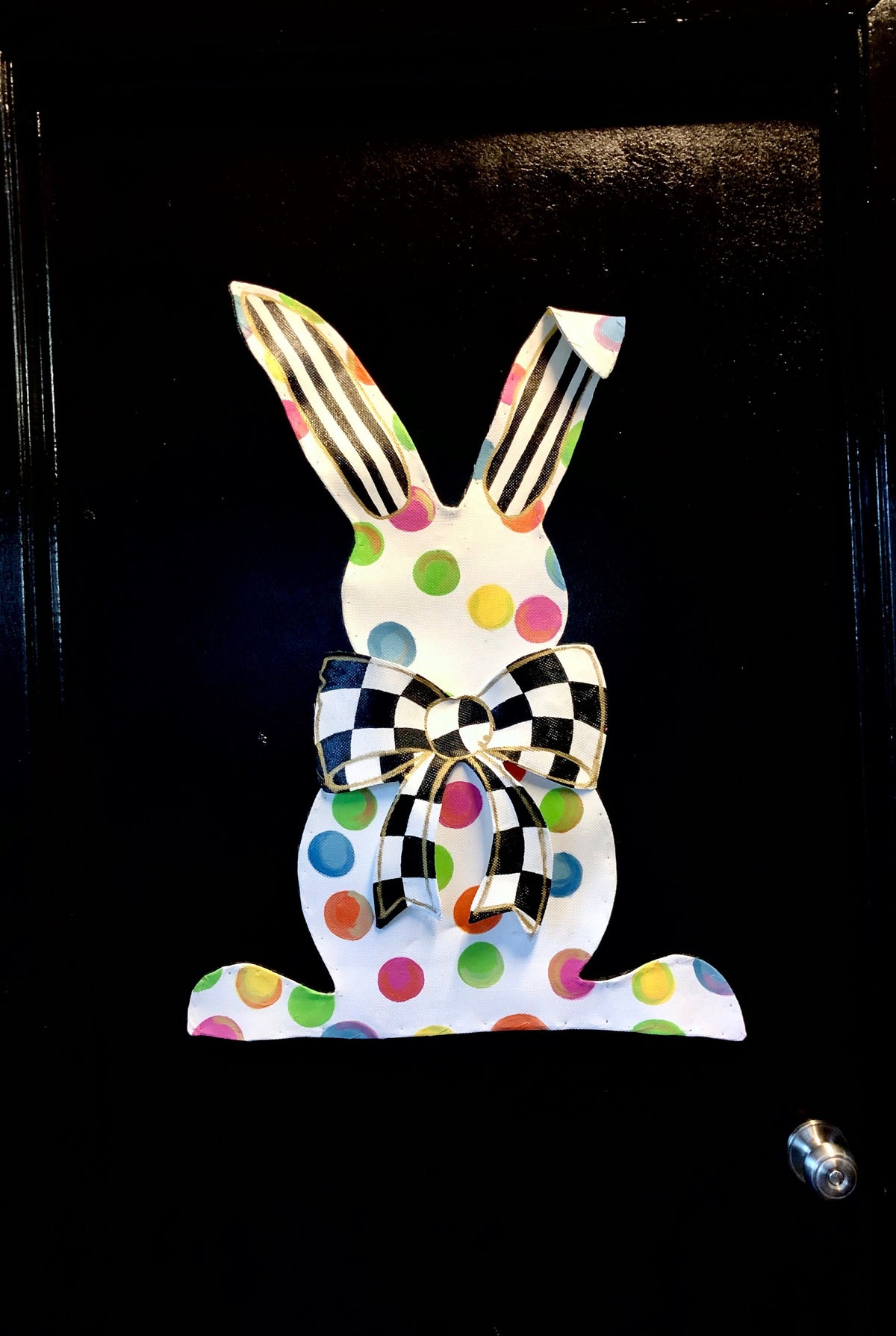 EASTER DOOR HANGER / Bright Big Multi Colored Easter Bunny Rabbit with Black and White Check Bow Door Hanger Wreath Decor