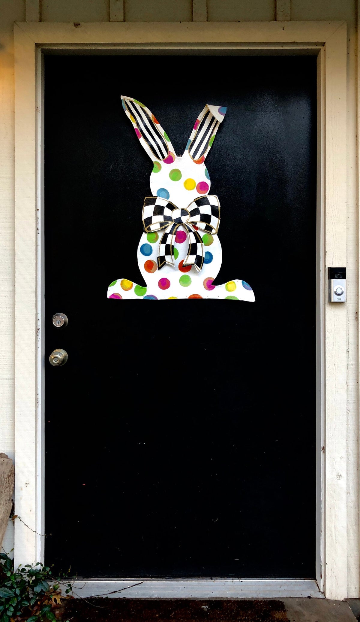 EASTER DOOR HANGER / Bright Big Multi Colored Easter Bunny Rabbit with Black and White Check Bow Door Hanger Wreath Decor