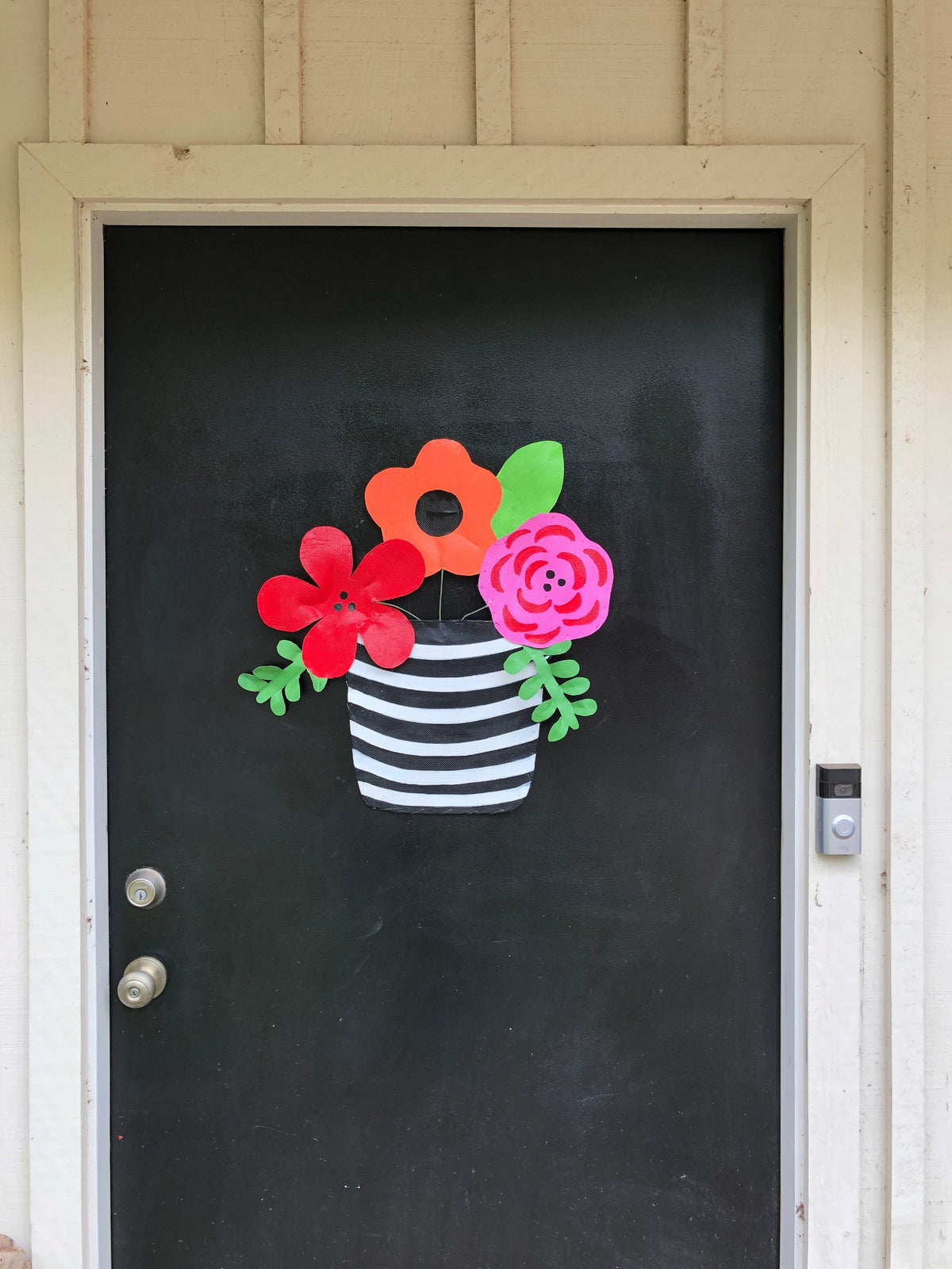 SUMMER DOOR HANGER / Spring Door Decor / Mothers Day Gift / Bright Pink Red and Oranger Flowers in Black and White Striped Pot
