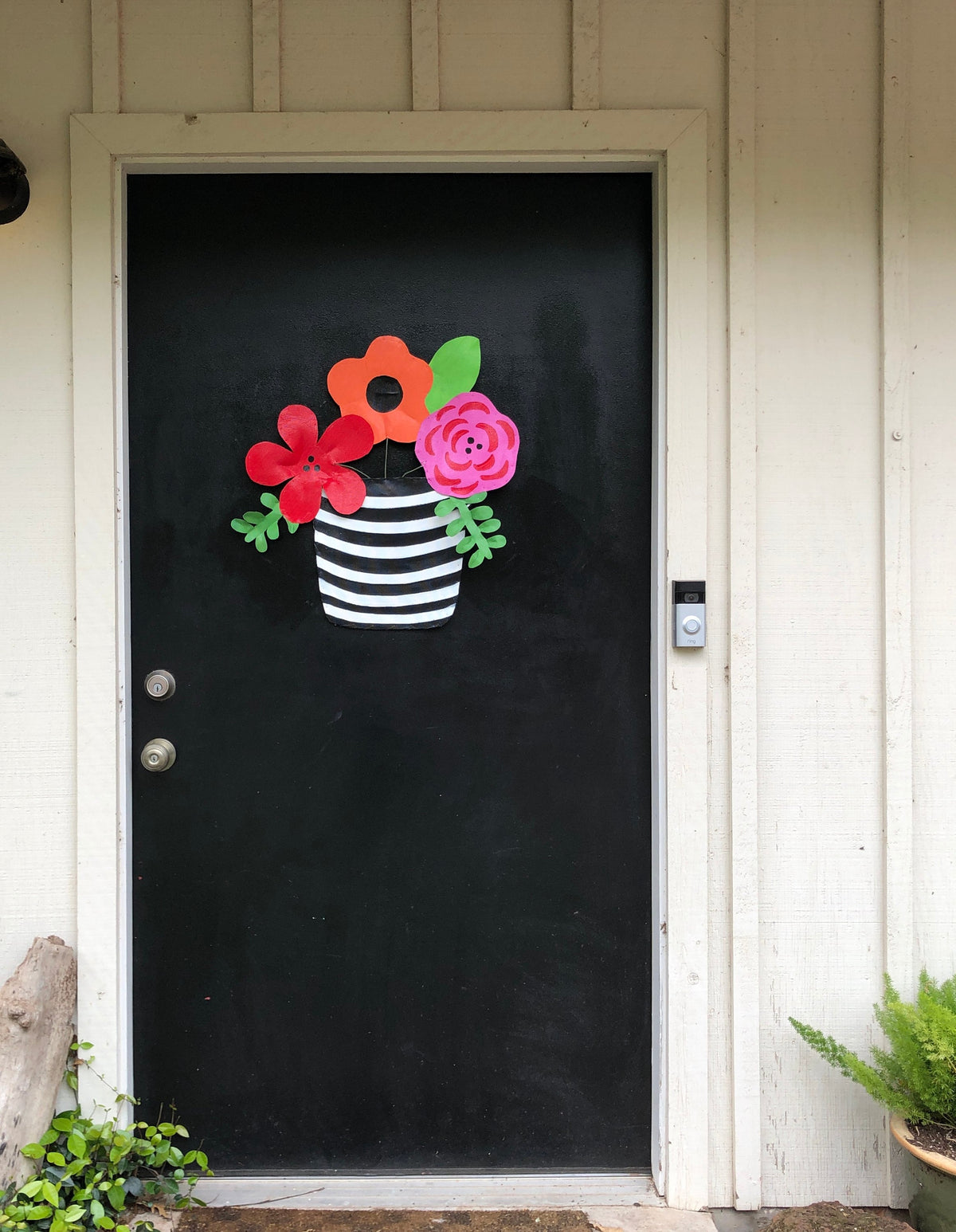 SUMMER DOOR HANGER / Spring Door Decor / Mothers Day Gift / Bright Pink Red and Oranger Flowers in Black and White Striped Pot