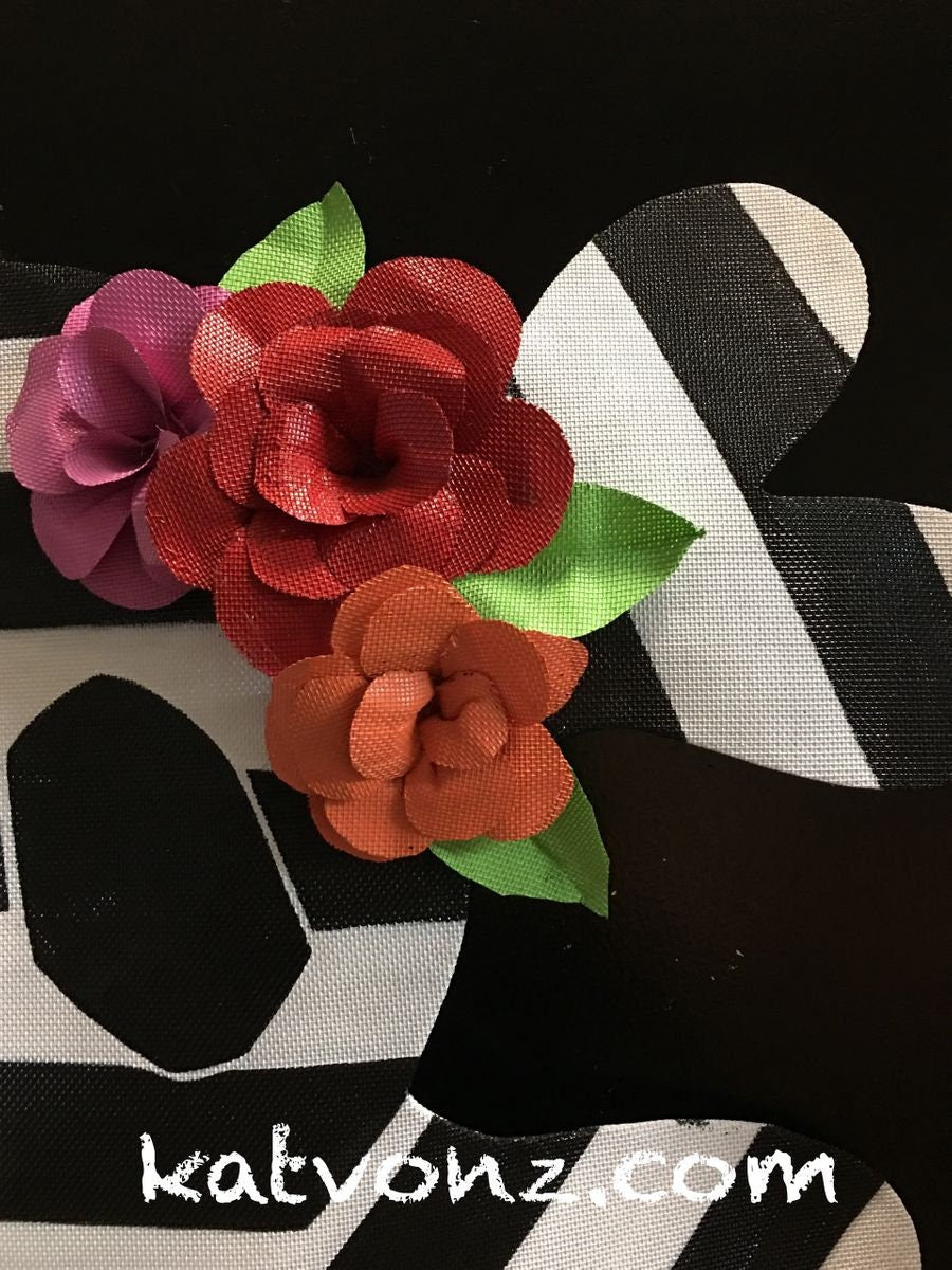 HALLOWEEN DOOR DECOR / Halloween Striped Skull and Crossbones with Bright Roses Door Hanger Wreath Decoration