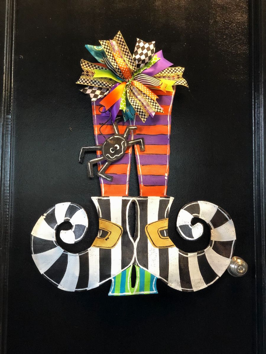 HALLOWEEN DOOR DECOR ? Super Sized Screen Wire Witches Boots and Stockings with Bright Bow Doornament Door Hanger Wreath