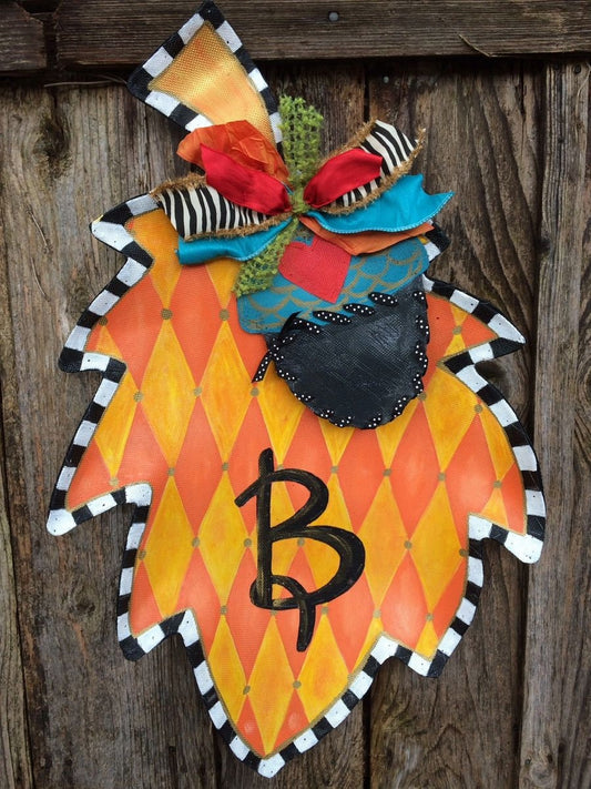 FALL DOOR DECOR / Screen Wire Fall Leaf and Acorn With Orange and Mustard Diamond Print and Custom Monogram Doornament Door Hanger Wreath