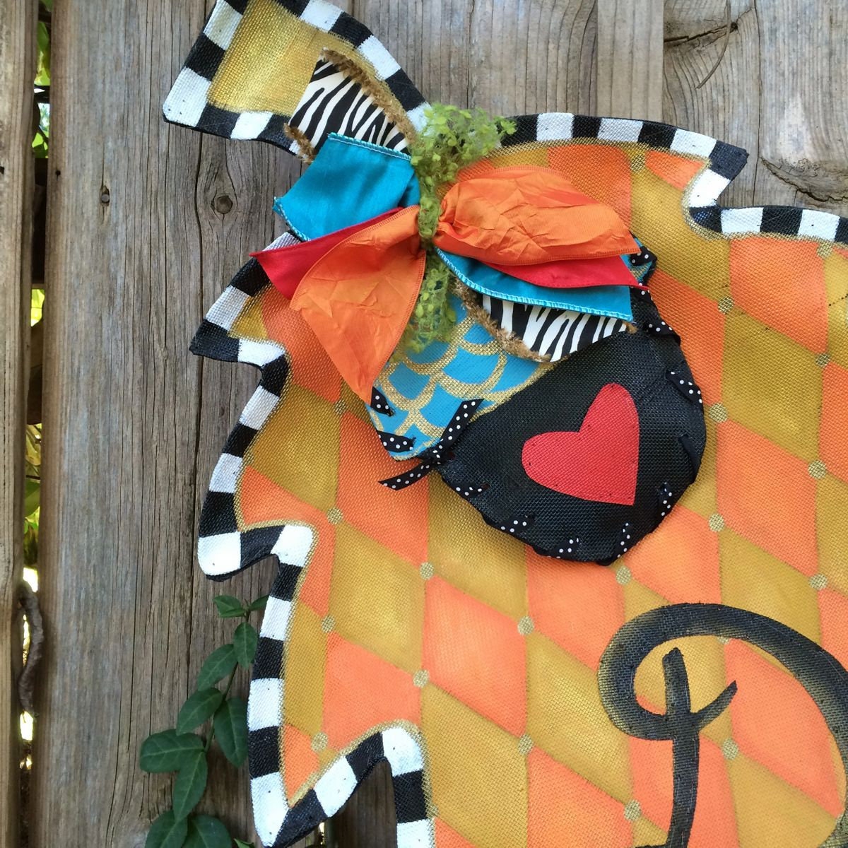 FALL DOOR DECOR / Screen Wire Fall Leaf and Acorn With Orange and Mustard Diamond Print and Custom Monogram Doornament Door Hanger Wreath