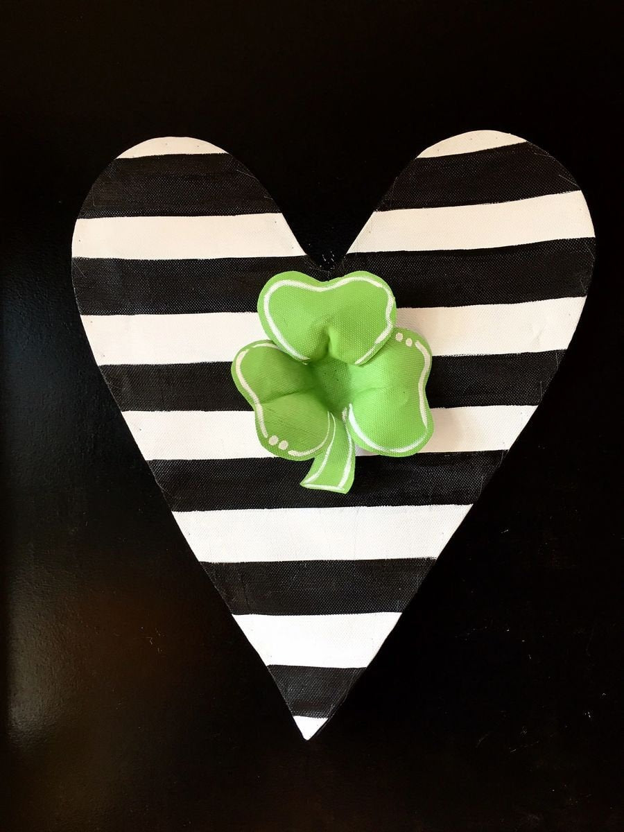 St. Patrick’s Day Black and White striped heart with Four Leaf Clover Center