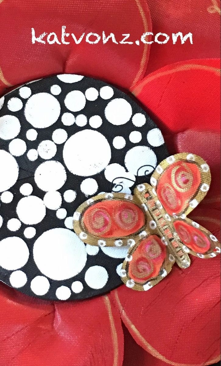 SPRING DOOR DECOR / Bright Red Screen Wire Flower with Black and White Polka Dot Center and Butterfly