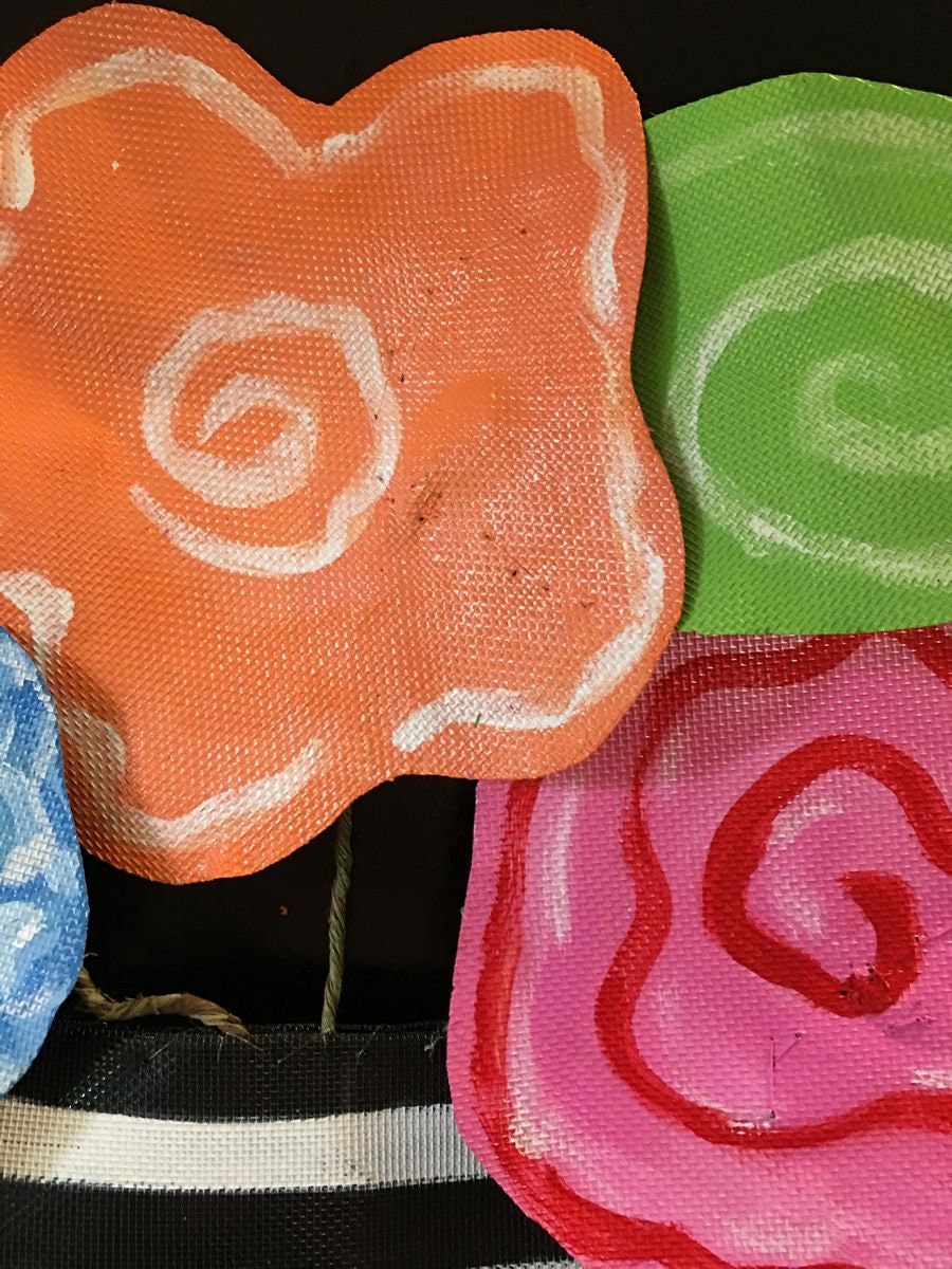 Summer Door Hanger / SPRING DOOR DECOR / Screen Wire Blue Orange and Pink flowers in Striped Pot Doornament Door Hanger Wreath Door Decor
