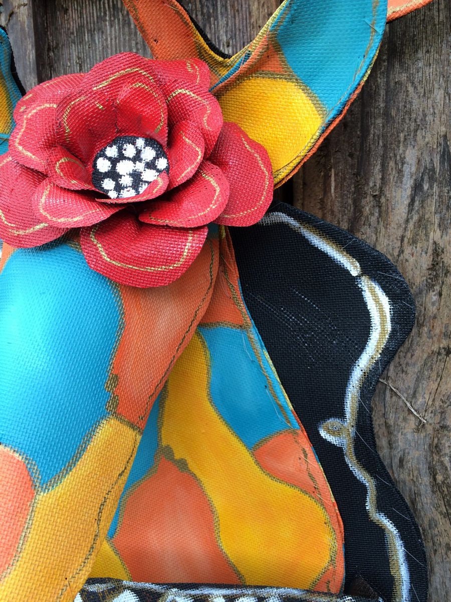 FALL DOOR DECOR / Screen Wire Fall Mounted Deer with Orange Turquoise and Mustard Camo Doornament Door Hanger Wreath