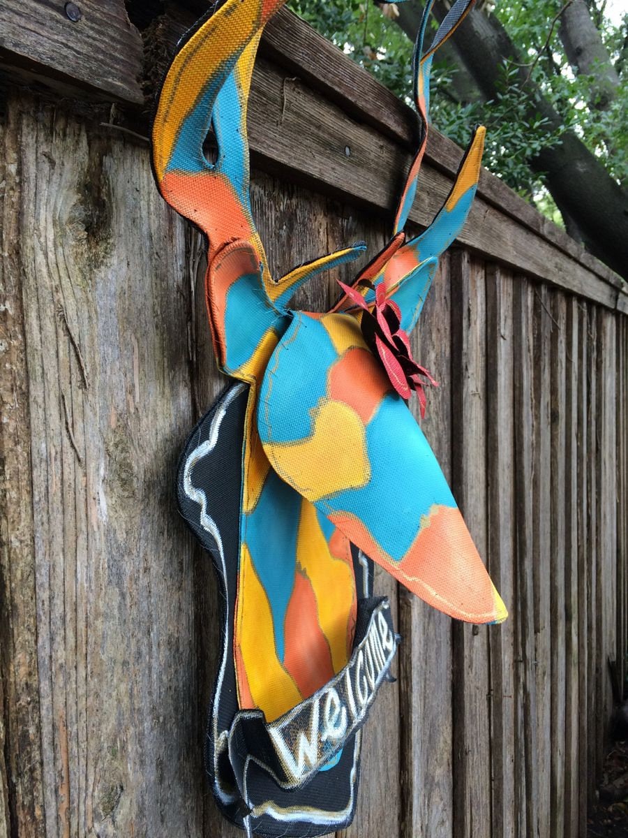 FALL DOOR DECOR / Screen Wire Fall Mounted Deer with Orange Turquoise and Mustard Camo Doornament Door Hanger Wreath