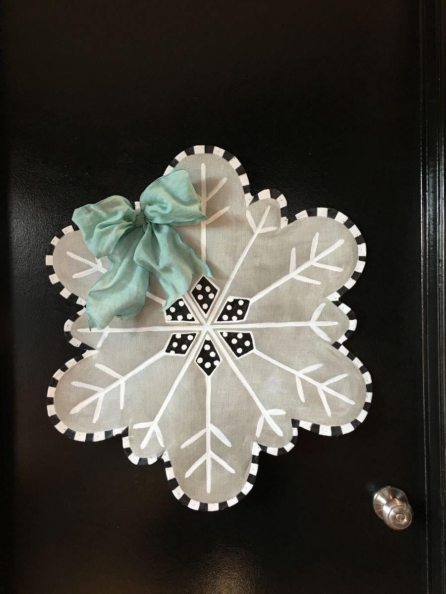 WINTER DOOR DECOR / Christmas Gift Idea Screen Wire Silver Snowflake with Bright Bow Doornament Door Hanger Wreath Decor