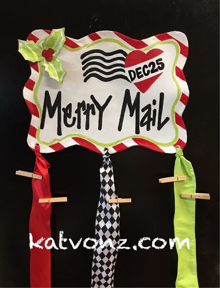 CHRISTMAS CARD HANGER / Aluminum Screen Whimsical Merry Mail Door Hanger with Ribbon for Attaching Holiday Greetings, Post Cards and Photos!