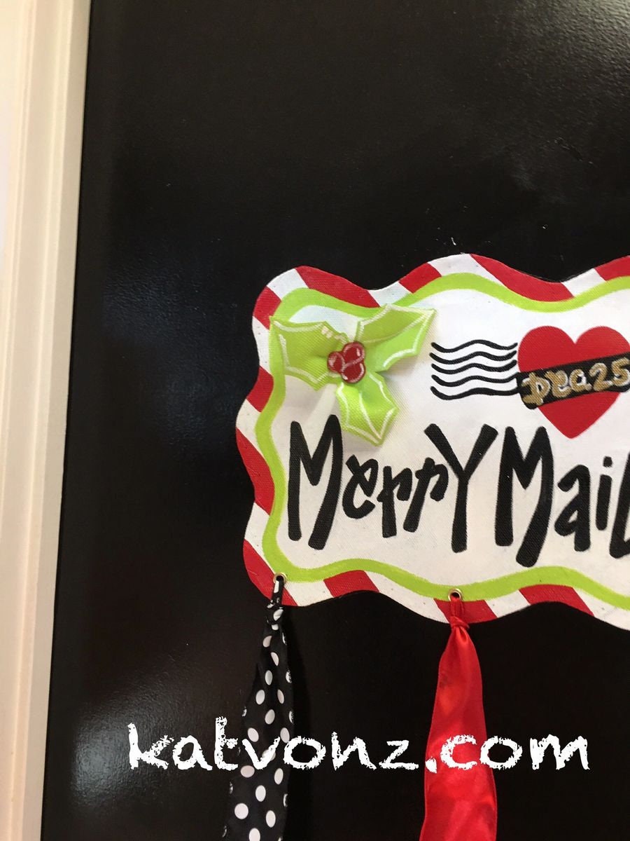 CHRISTMAS CARD HANGER / Aluminum Screen Whimsical Merry Mail Door Hanger with Ribbon for Attaching Holiday Greetings, Post Cards and Photos!