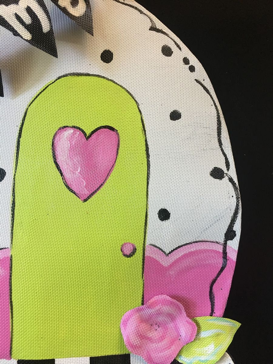 SUMMER DOOR DECOR / Bright Green and Pink Glamping Camper Screen Wire Doornament Doo Hanger Wreath