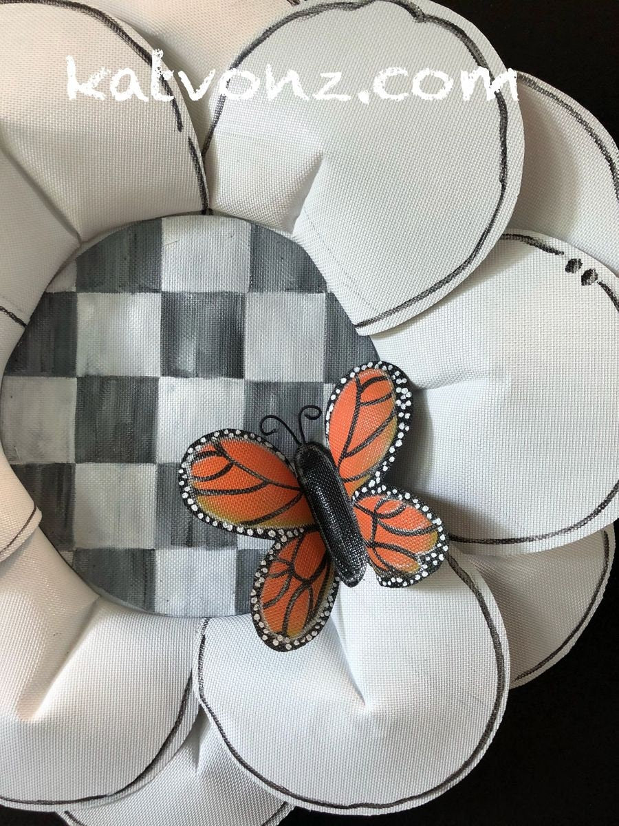 Summer Door Hanger / SPRING DOOR DECOR / Large Aluminum Screen White Flower with Gray and White Center and Bright Orange Butterfly Wreath