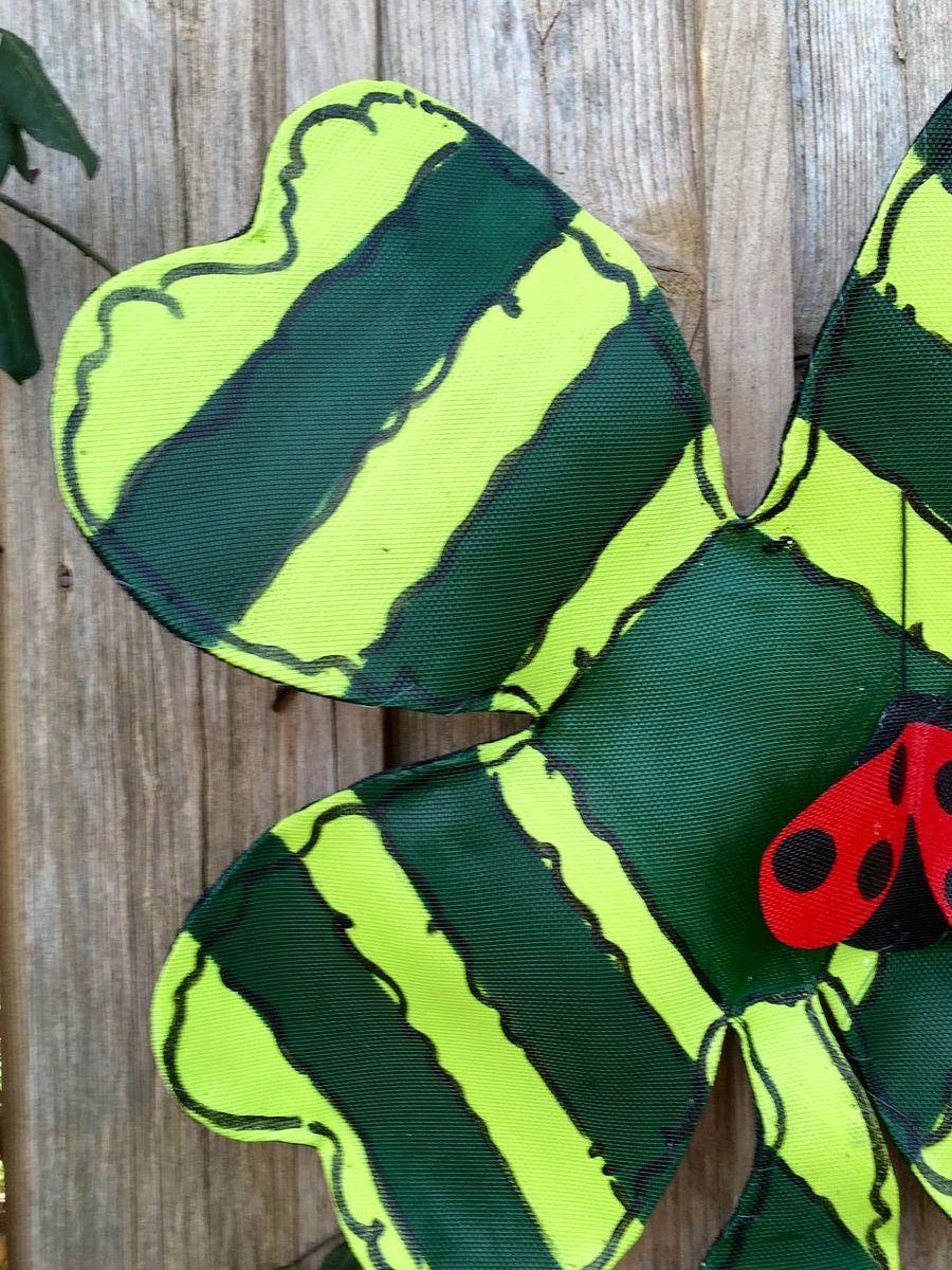 Green Striped Four Leaf Clover Shamrock with Ladybug