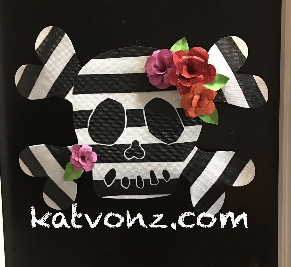 HALLOWEEN DOOR DECOR / Halloween Striped Skull and Crossbones with Bright Roses Door Hanger Wreath Decoration