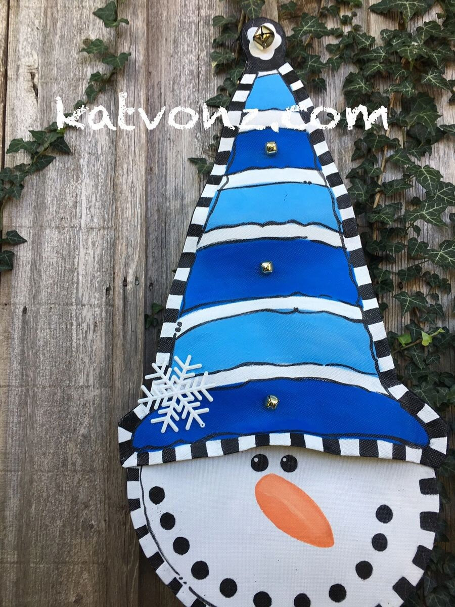 WINTER DOOR DECOR / Screen Wire Whimsical Winter Door Decor Snowman with Blue and White Striped Hat Doornament Door Hanger Wreath