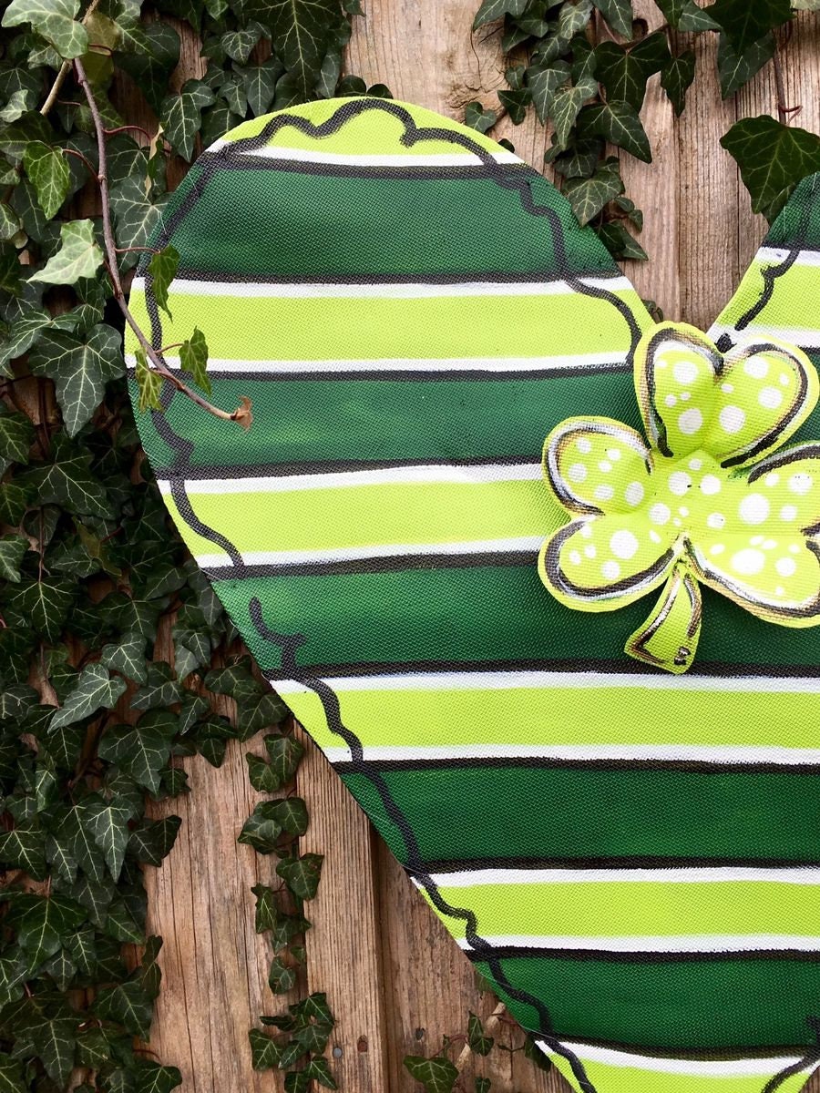 St. Patrick’s Day Green Striped Heart with Four Leaf Clover Center