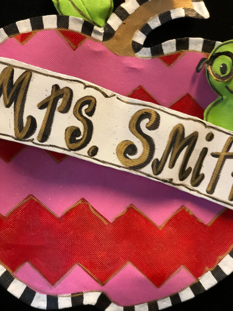 Personalized Back To School Apple for Teacher with Book Worm Doornament
