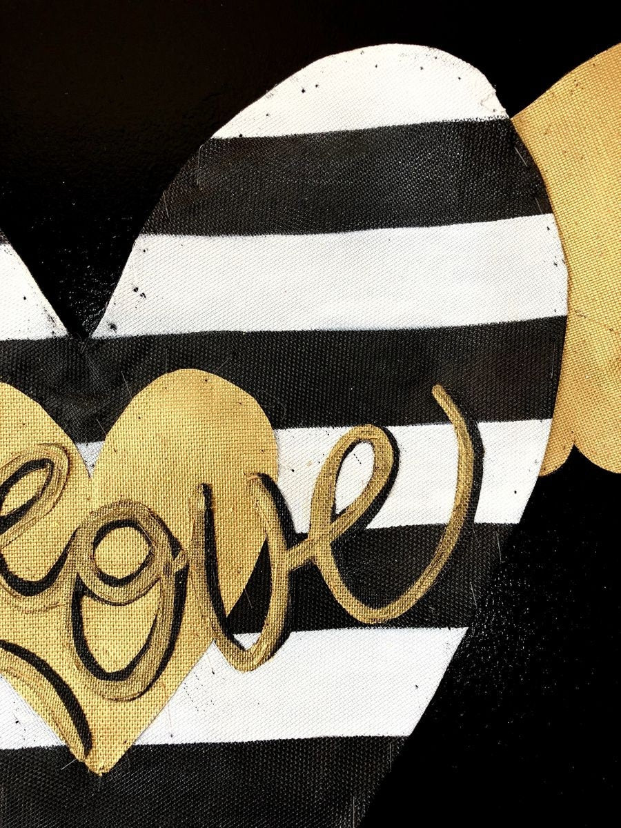 VALENTINES DOOR DECOR / Screen Wire Valentines Day Large Black and White Striped Heart with Gold Wings Doornament Door Hanger Wreath Decor
