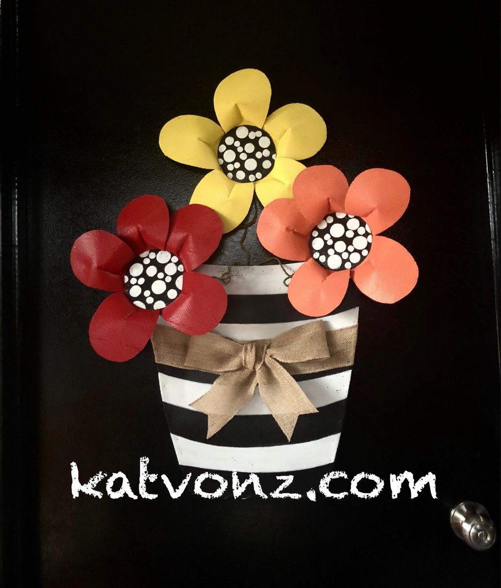 Summer Door Hanger / SPRING DOOR DECOR / Bright Flowers in Black and White Striped Pot Door Hanger Wreath Decor
