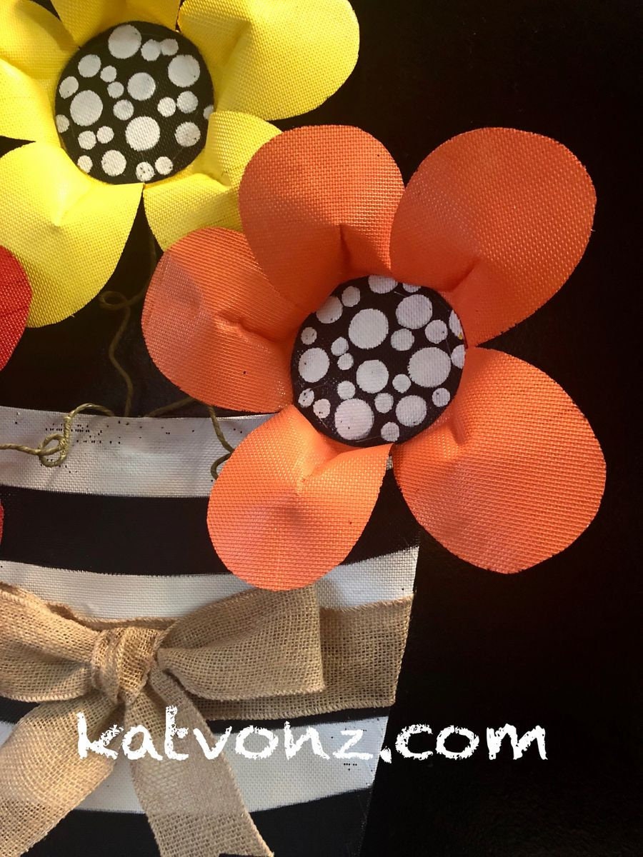 Summer Door Hanger / SPRING DOOR DECOR / Bright Flowers in Black and White Striped Pot Door Hanger Wreath Decor