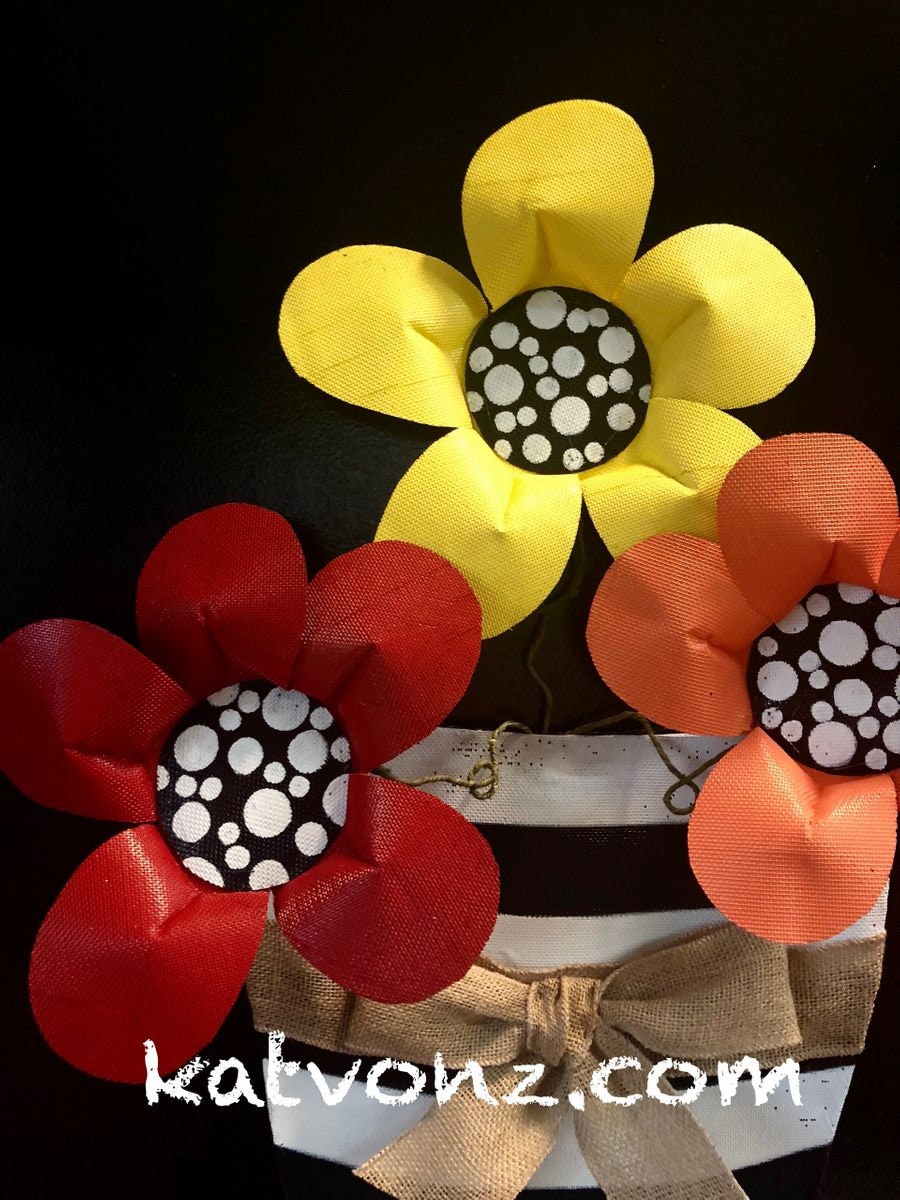 Summer Door Hanger / SPRING DOOR DECOR / Bright Flowers in Black and White Striped Pot Door Hanger Wreath Decor
