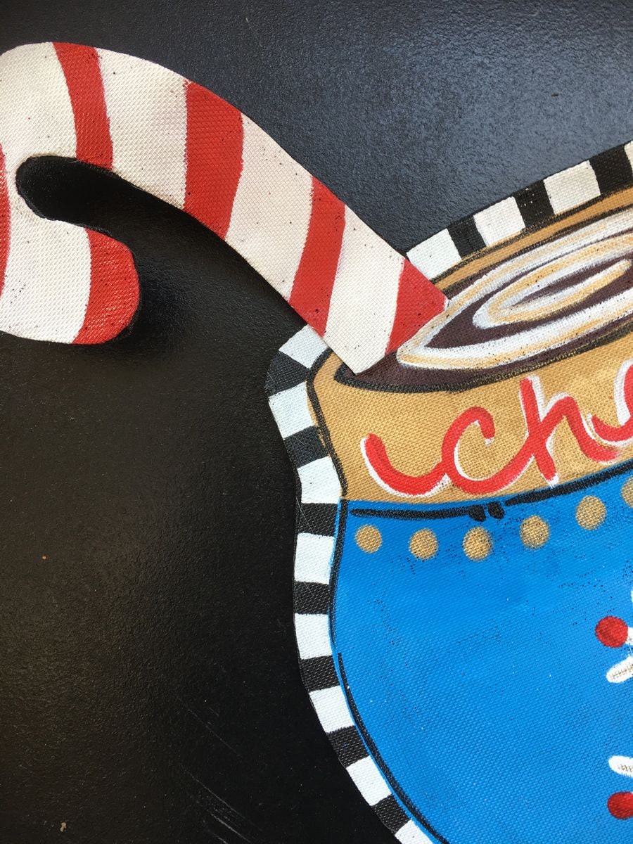 CHRISTMAS DOOR DECOR / Screen Wire Whimsical Winter Cup of Hot Cocoa Doornament Door Hanger Wreath