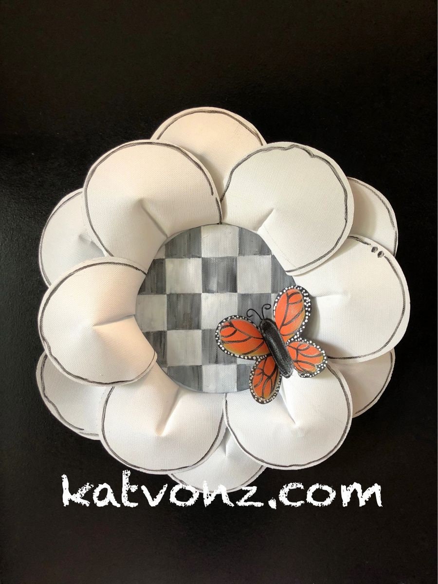 Summer Door Hanger / SPRING DOOR DECOR / Large Aluminum Screen White Flower with Gray and White Center and Bright Orange Butterfly Wreath