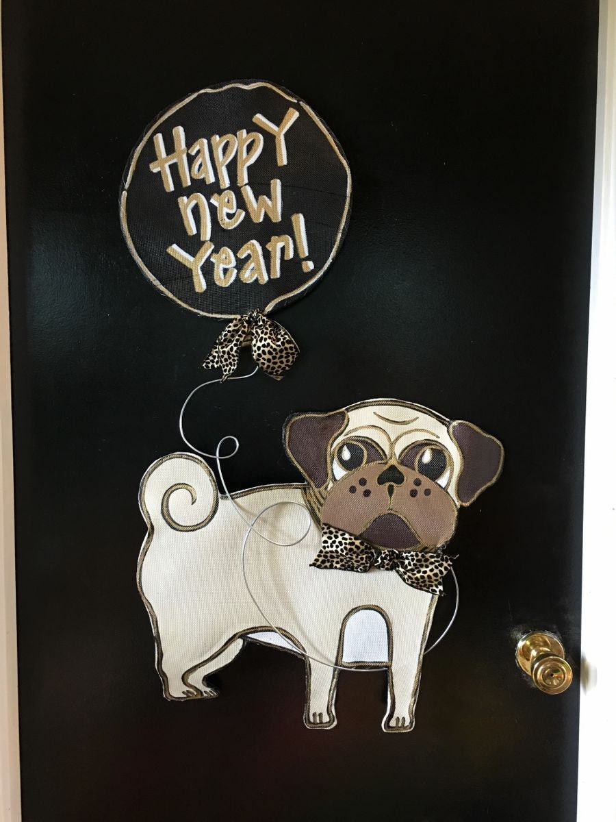 NEW YEAR DECOR / Screen Wire Black and White Spotted Dog with Happy New Year Balloon Door Hanger Wreath...Any dog Breed!