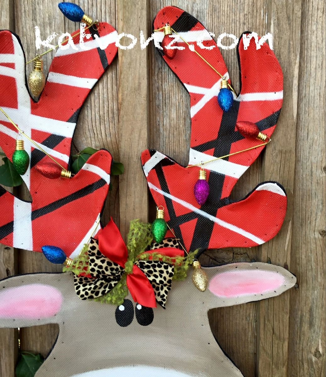 CHRISTMAS DOOR DECOR / Aluminum Screen Wire Whimsical Personalized Van Halen inspired Reindeer Door Hanger Wreath
