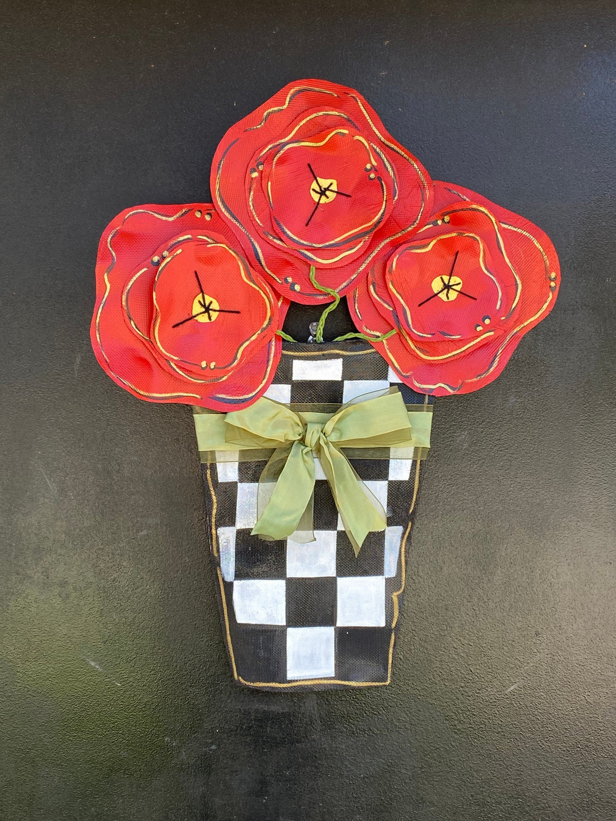 Aluminum Screen Spring Door Hanger / Whimsical Bright Poppies in Black and White Check Pot with Green Ribbon Bow Wreath