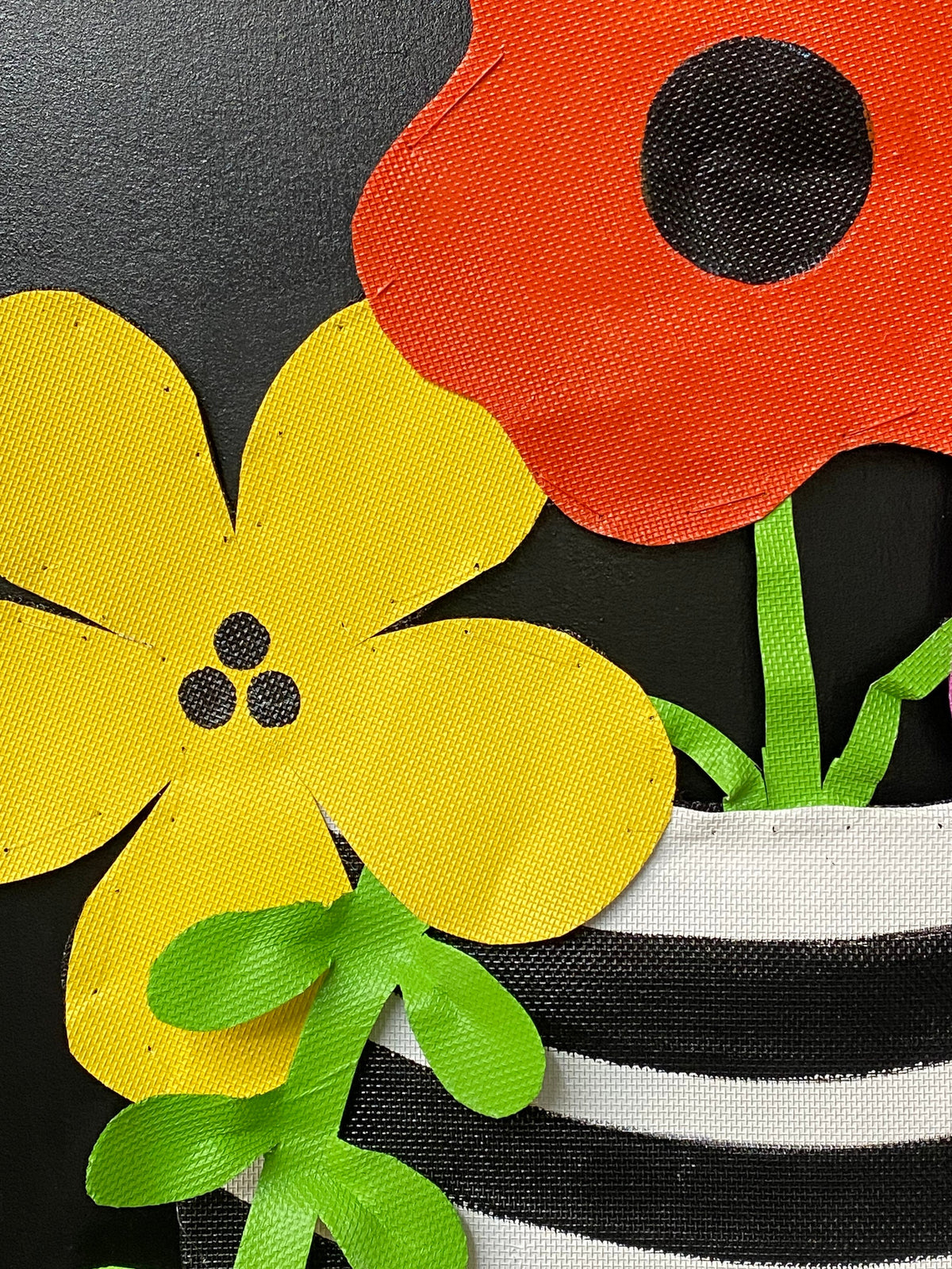 SUMMER DOOR HANGER / Spring Door Decor / Mothers Day Gift / Bright Pink Yellow and Oranger Flowers in Black and White Striped Pot
