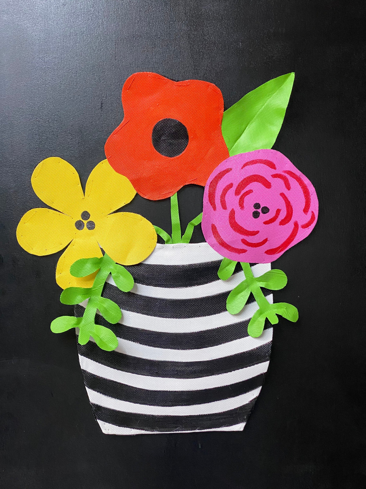 SUMMER DOOR HANGER / Spring Door Decor / Mothers Day Gift / Bright Pink Yellow and Oranger Flowers in Black and White Striped Pot