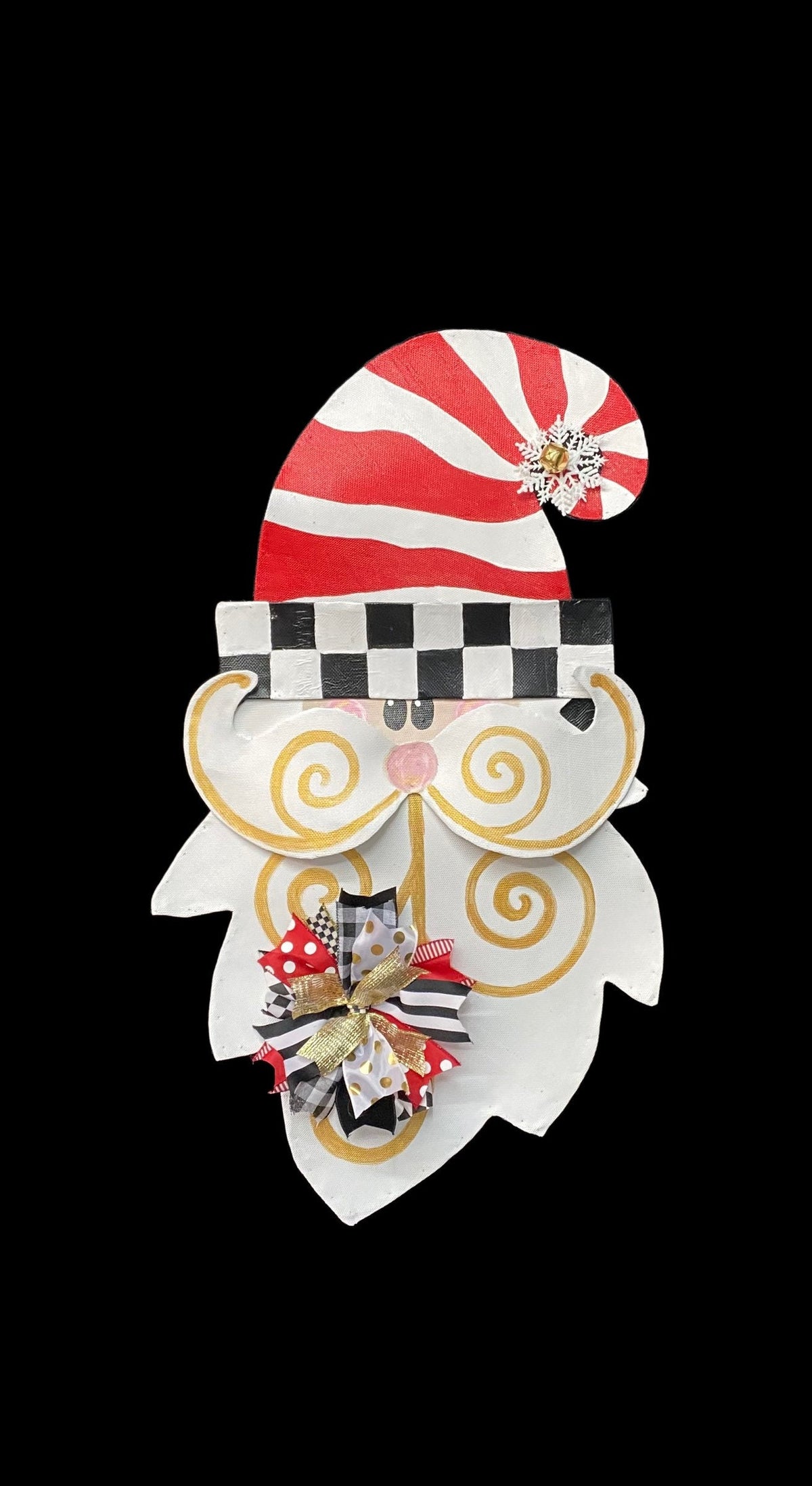 CHRISTMAS DOOR DECOR / Aluminum Screen Whimsical Santa Claus Red and White Hat and Ribbon Ribbon Holiday Decor Door Hanger Wreath