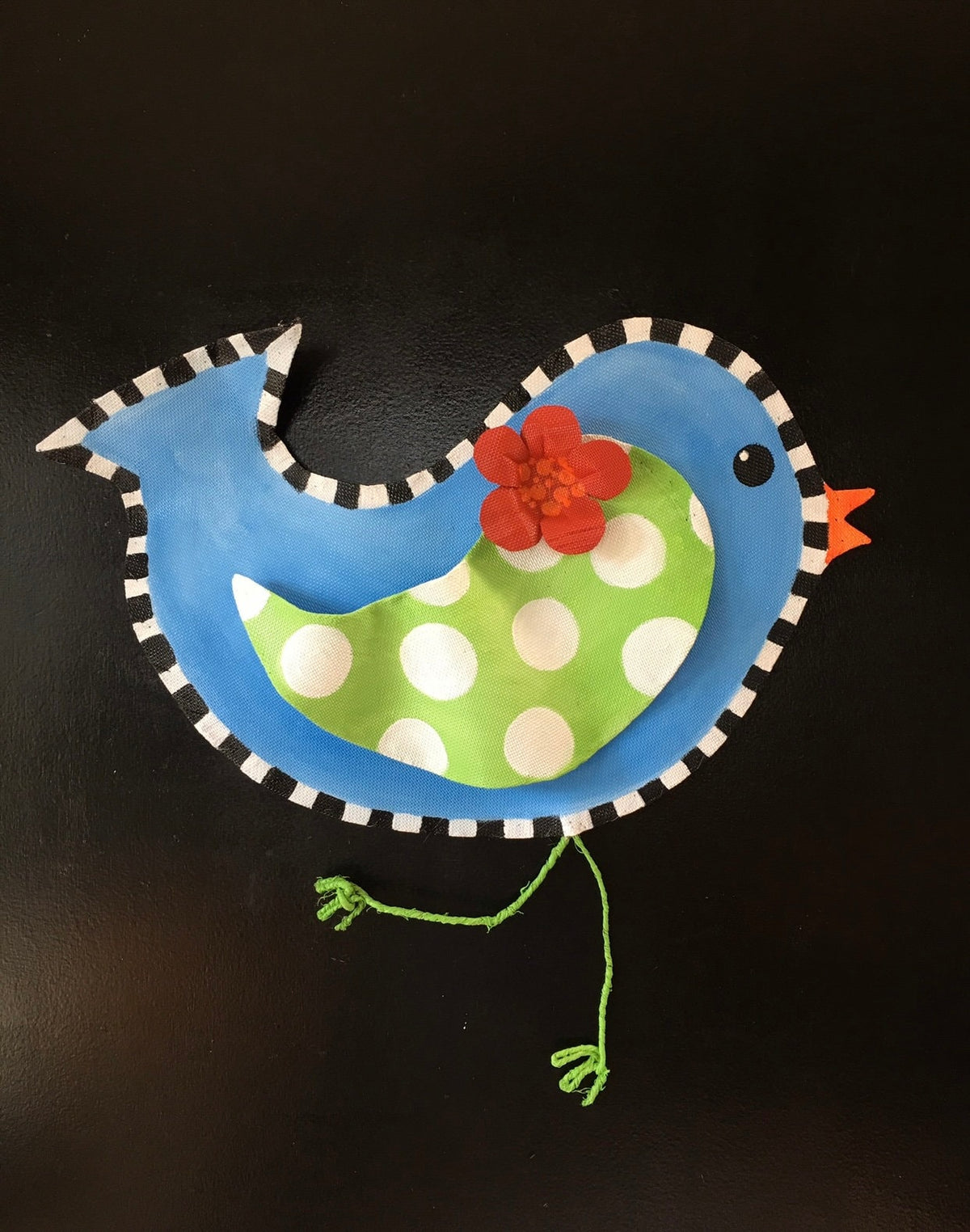 Aluminum Screen Spring or Summer Bright Blue Bird with Red flower and Green White Polka Wing Door Hanger Wreath