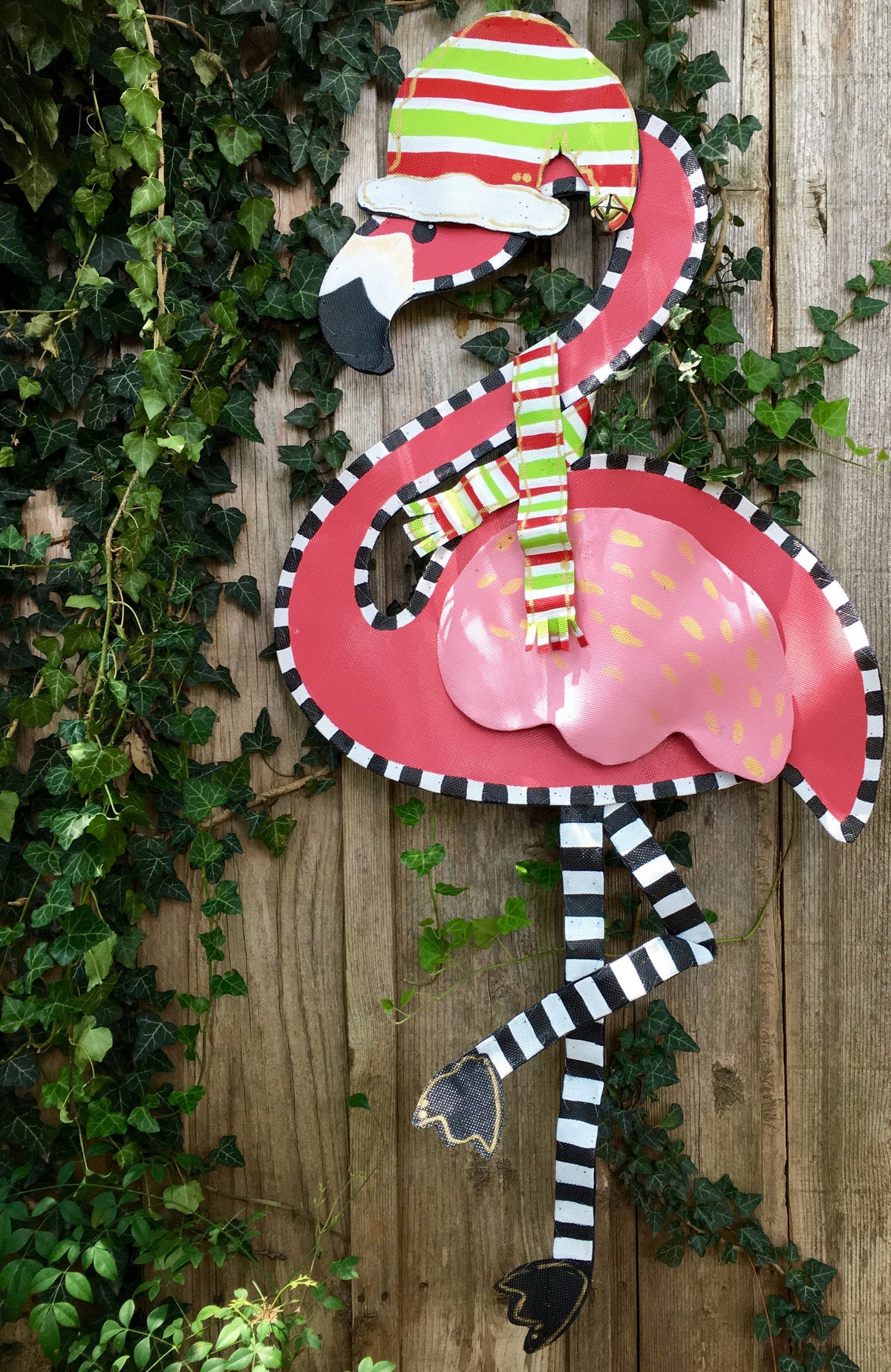 CHRISTMAS DOOR DECOR / Screen Wire Christmas Flamingo Door Hanger Wreath with Red and Green Stripe Hat and Scarf