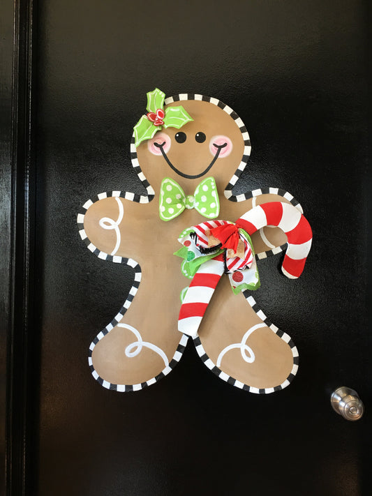 CHRISTMAS DOOR DECOR / Screen Wire Whimsical Christmas Gingerbread Man with Candy Cane Doornament Door Hanger Wreath