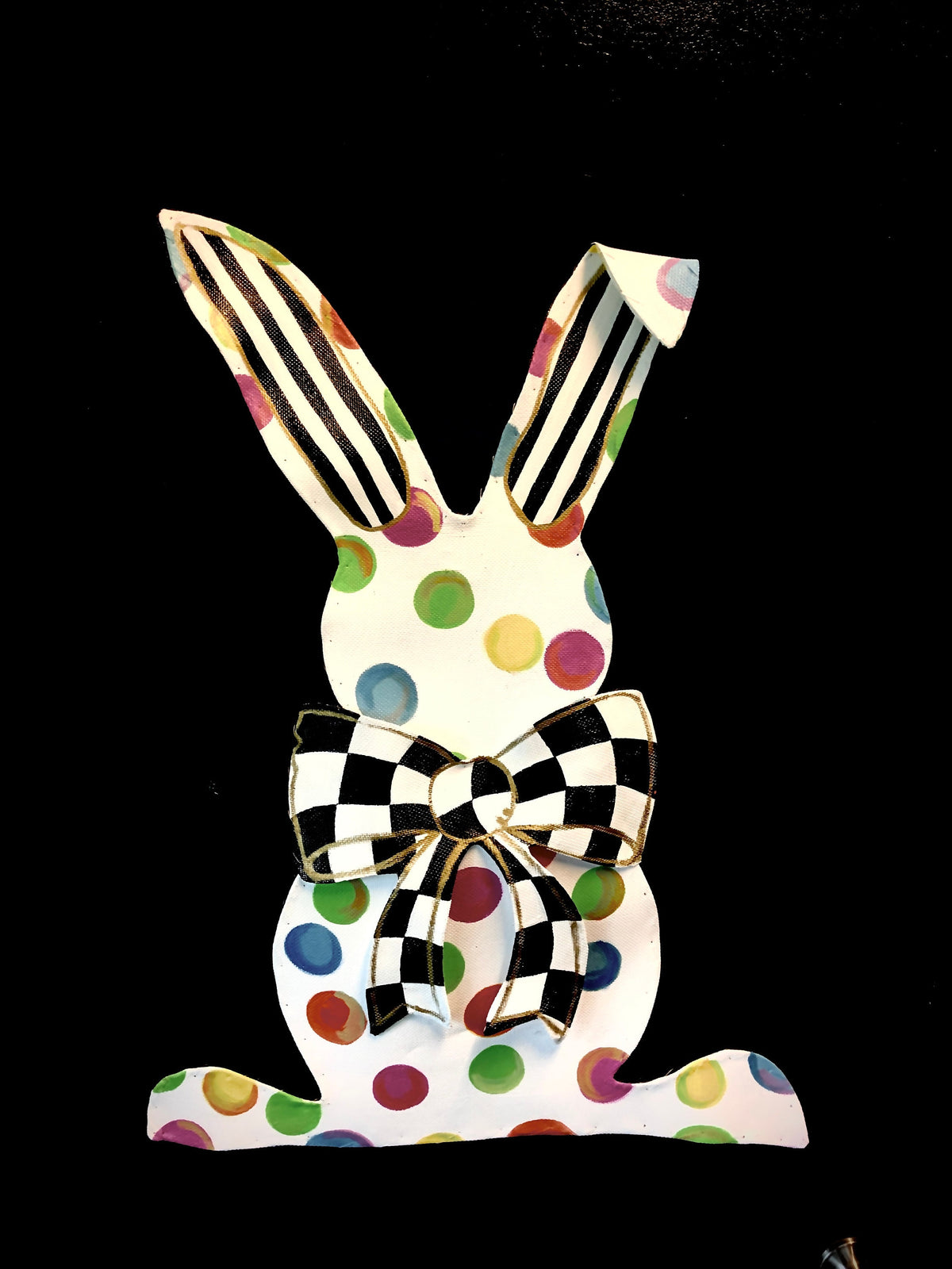 EASTER DOOR HANGER / Bright Big Multi Colored Easter Bunny Rabbit with Black and White Check Bow Door Hanger Wreath Decor