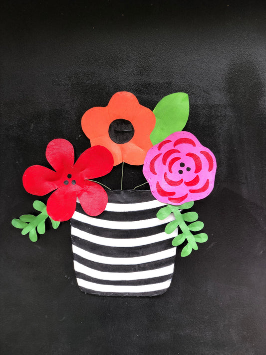 SUMMER DOOR HANGER / Spring Door Decor / Mothers Day Gift  / Bright Pink Red and Oranger Flowers in Black and White Striped Pot