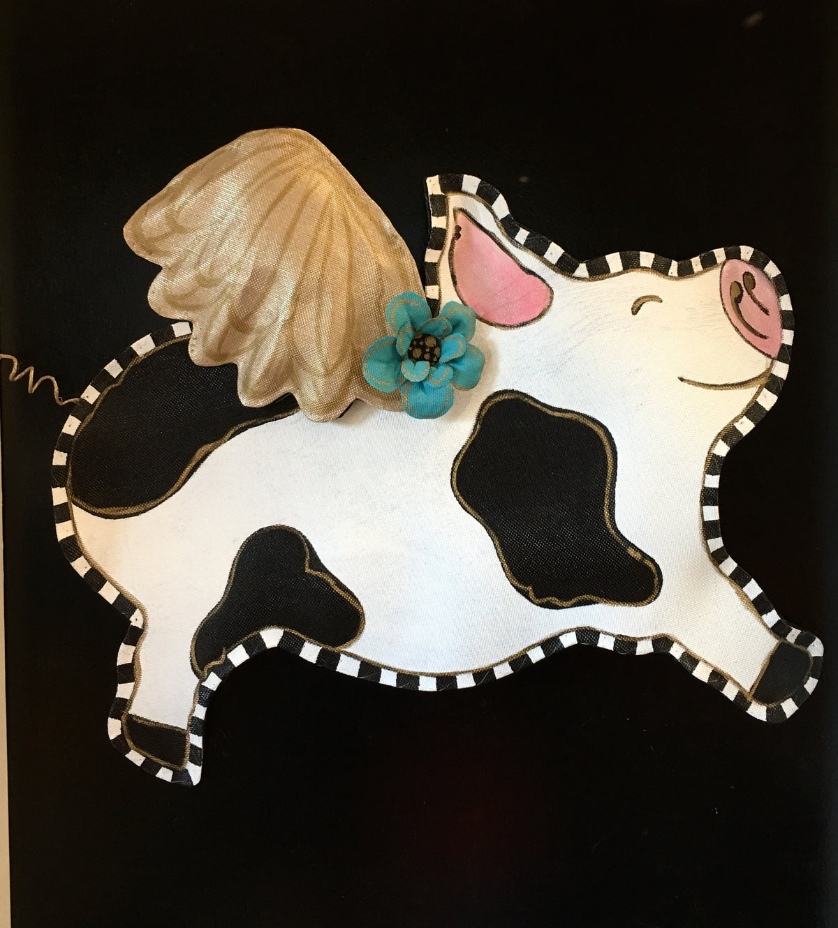 Spring Door HangerScreen Wire Black and White Spotted Flying Pig with Check Border Door Hanger Wreath Wall Decor
