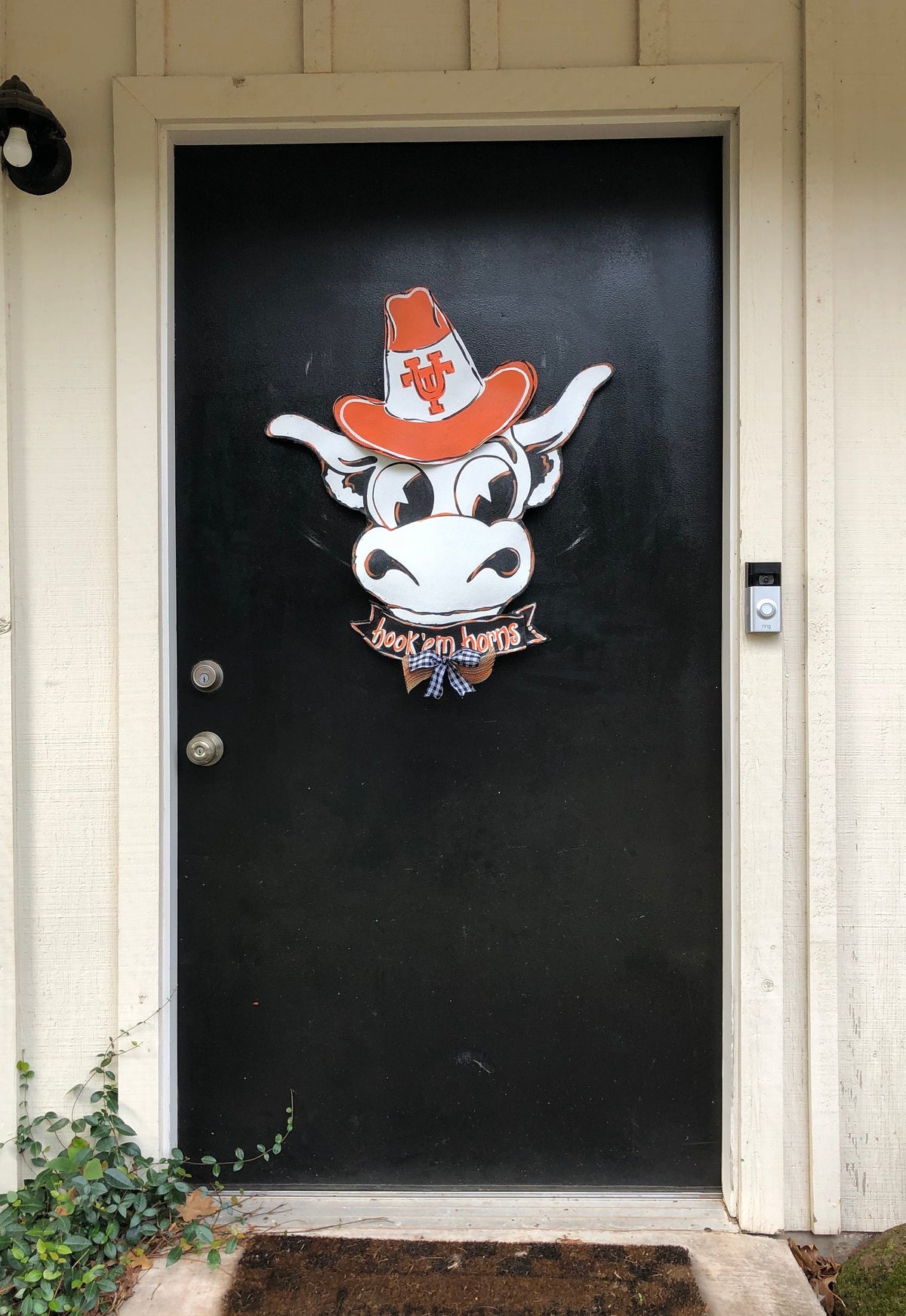 University of Texas Door Decor / Screen Wire University of Texas Bevo Longhorn with Hook 'em Horns Banner and UT Hat Door Hanger Wreath