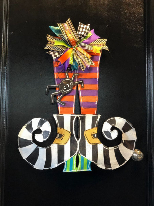 HALLOWEEN DOOR DECOR ? Super Sized Screen Wire Witches Boots and Stockings with Bright Bow Doornament Door Hanger Wreath