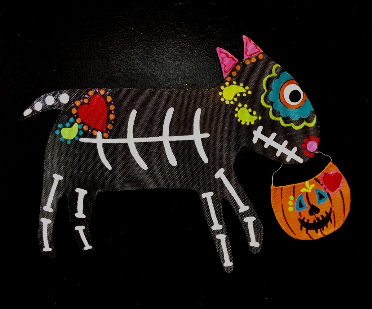 Halloween Door Decor / Screen Wire Halloween Day of the Dead Sugar Skull ANY DOG BREED with Pumpkin