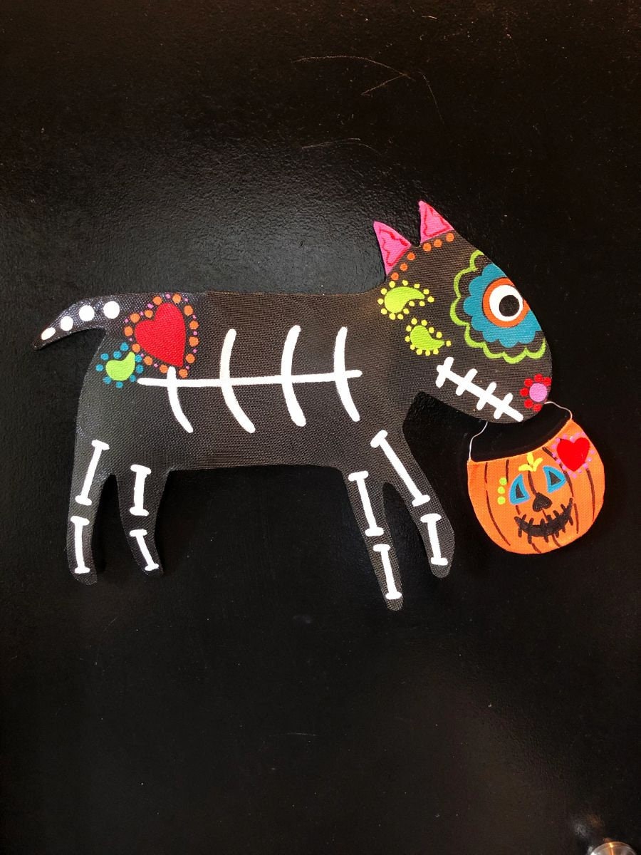 Halloween Door Decor / Screen Wire Halloween Day of the Dead Sugar Skull ANY DOG BREED with Pumpkin