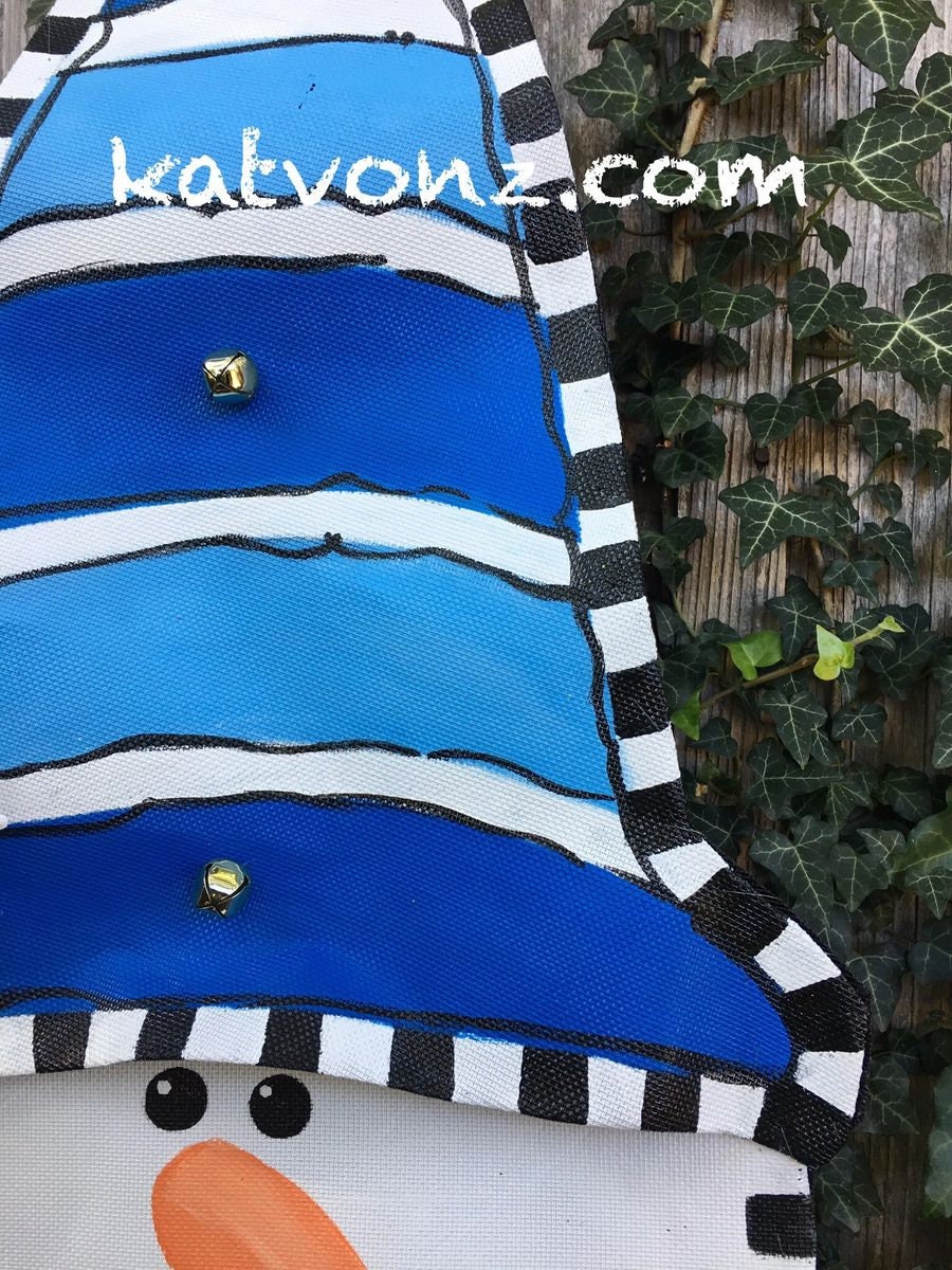 WINTER DOOR DECOR / Screen Wire Whimsical Winter Door Decor Snowman with Blue and White Striped Hat Doornament Door Hanger Wreath